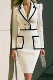 White Bodycon Notched Lapel Long Sleeve Work Dress