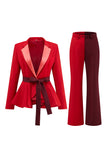 Red Colorblock 2 Piece Slim Fit Notched Lapel Women Suits With Belt