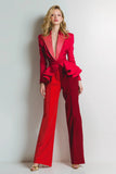 Red Colorblock 2 Piece Slim Fit Notched Lapel Women Suits With Belt