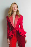Red Colorblock 2 Piece Slim Fit Notched Lapel Women Suits With Belt