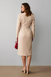 Champagne Notched Lapel Pencil Midi Blazer Dress With Belt