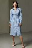 Blue Pencil Collar Neck Striped Midi Work Dress
