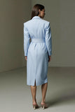 Blue Pencil Collar Neck Striped Midi Work Dress