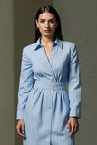 Blue Pencil Collar Neck Striped Midi Work Dress