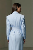 Blue Pencil Collar Neck Striped Midi Work Dress