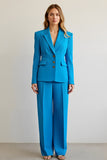 Blue Single Breasted Peak Lapel 2 Piece Business Suits