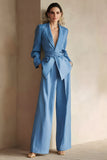Blue Peak Lapel 2 Piece Business Casual Suit With Belt