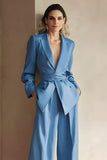 Blue Peak Lapel 2 Piece Business Casual Suit With Belt