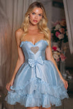 Strapless A Line Blue Homecoming Dress With Bow