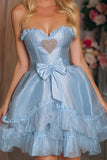 Strapless A Line Blue Homecoming Dress With Bow