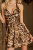 Coffee Leopard A-Line Halter Homecoming Dress with 3D Flower