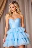 Blue Strapless Tiered A Line Homecoming Dress With Bow