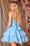 Blue Strapless Tiered A Line Homecoming Dress With Bow
