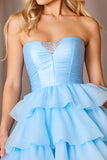 Blue Strapless Tiered A Line Homecoming Dress With Bow