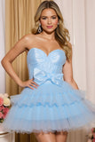 Sweetheart A-Line Tiered Blue Homecoming Dress With Bow