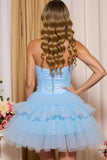 Sweetheart A-Line Tiered Blue Homecoming Dress With Bow