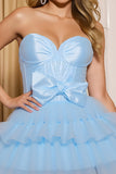 Sweetheart A-Line Tiered Blue Homecoming Dress With Bow