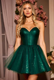 Glitter Dark Green A Line Corset Strapless Homecoming Dress