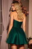 Glitter Dark Green A Line Corset Strapless Homecoming Dress