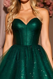 Glitter Dark Green A Line Corset Strapless Homecoming Dress