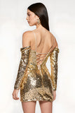 Sparkly Golden Cold Shoulder Tight Cocktail Party Dress with Long Sleeves