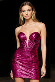 Fuchsia Strapless Bodycon Sequin Mini Homecoming Dress