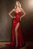 Burgundy Halter Corset Beaded Prom Dress With Slit