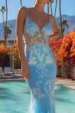 Blue Mermaid Long Prom Dress With Appliques