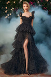 Black White Polka Dot A-Line Tiered Ruffle Prom Dress With Slit