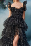 Black White Polka Dot A-Line Tiered Ruffle Prom Dress With Slit