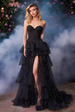 Black and White Dot A-Line Tiered Strapless Prom Dress with Slit