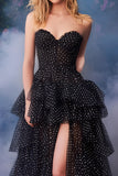 Black and White Dot A-Line Tiered Strapless Prom Dress with Slit