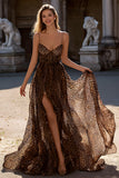 Brown Leopard Spaghetti Straps A-Line Prom Dress With Slit