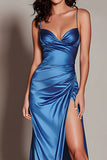 Dark Blue Satin Spaghetti Straps Prom Dress With Slit