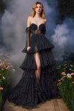 Black and Whit Dot Off The Shoulder Tiered A-Line Prom Dress With Slit