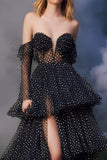 Black and Whit Dot Off The Shoulder Tiered A-Line Prom Dress With Slit