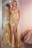 Golden Mermaid Corset Appliqued Prom Dress With Slit