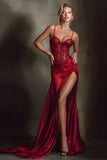 Burgundy Satin Beaded Mermaid Prom Dress With Slit