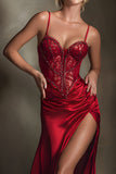 Burgundy Satin Beaded Mermaid Prom Dress With Slit