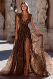 Brown Leopard A-Line Prom Dress With Slit