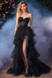 Sweetheart A-Line Tiered Black and White Polka Dot Prom Dress With Slit