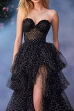 Sweetheart A-Line Tiered Black and White Polka Dot Prom Dress With Slit