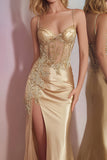 Corset Appliqued Mermaid Golden Prom Dress With Slit