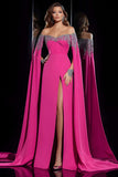 Fuchsia Off The Shoulder Sheath Beaded Pageant Dress With Slit