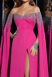 Fuchsia Off The Shoulder Sheath Beaded Pageant Dress With Slit