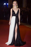 Black White A-Line Deep V-Nevk Gala Dress With Slit
