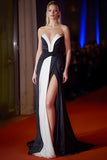 Sheath Black and White Strapless Gala Dress With Slit