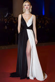 Black and White V-Neck A-Line Gala Dress With Slit