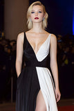 Black and White V-Neck A-Line Gala Dress With Slit