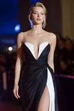 Strapless Ruched Black and White Gala Dress With Slit
